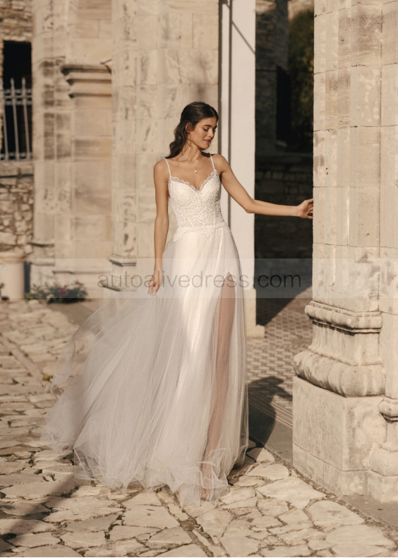 Beaded Spaghetti Straps Ivory Eyelash Lace Tulle Slit Wedding Dress Beaded Spaghetti Straps Ivory Eyelash Lace Tulle Slit Wedding Dress